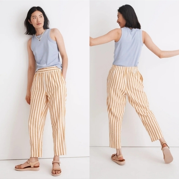 Madewell Tapered Huston Pull On Linen Crop Pants in Golden Plume Stripe Sz Small - Picture 1 of 14